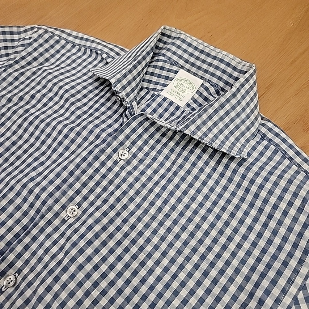 Brooks Brothers Milano Shirt Men's 16.5 34 Blue White Button Up Check Gingham